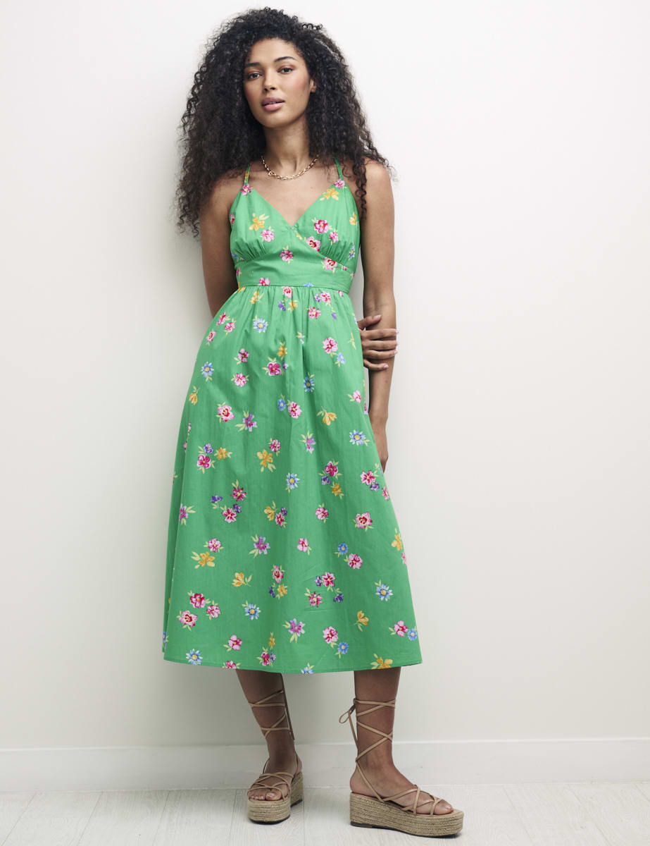 Petite Green Floral Tie Back Detail Billie Midi Dress