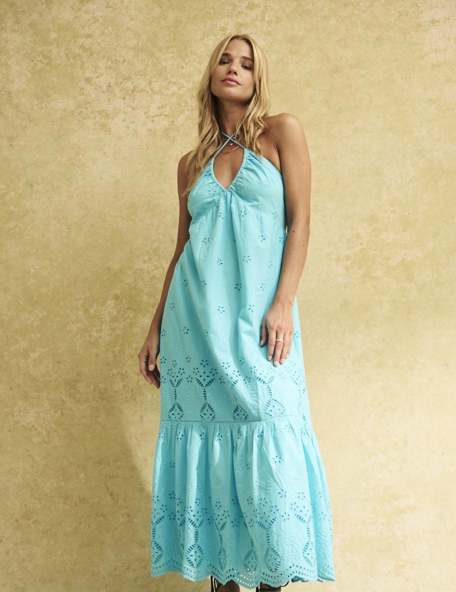 Blue Cross Over Halter Neck Tabitha Midi Dress