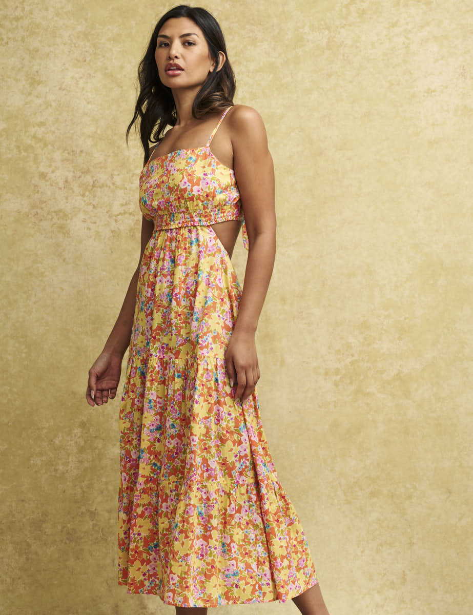 Yellow Floral Tie Back Alani Midi Dress