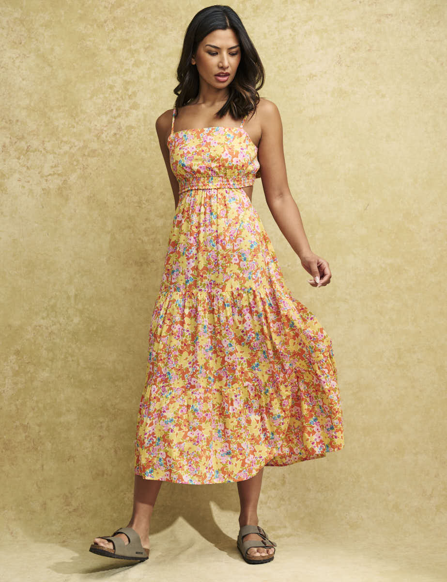 Yellow Floral Tie Back Alani Midi Dress