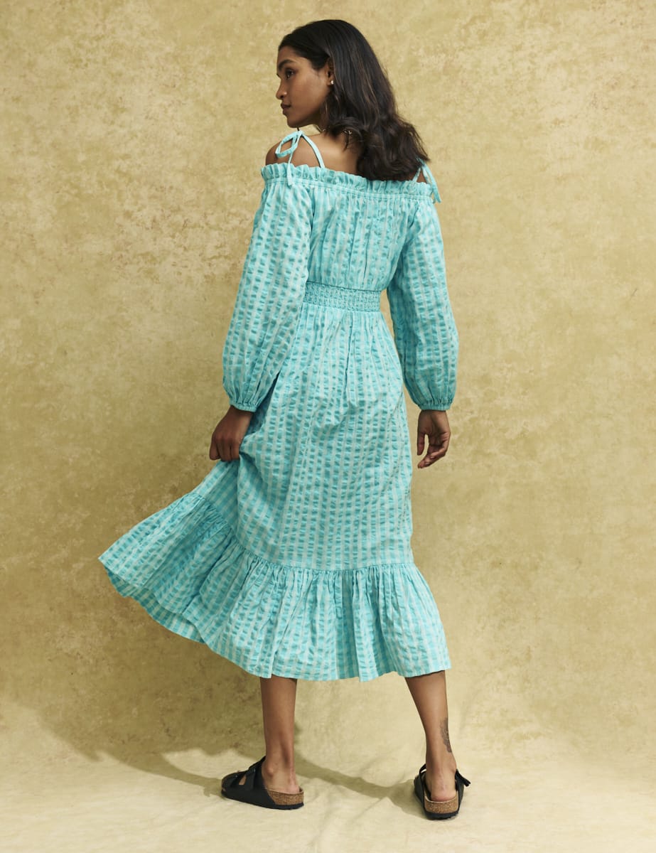 Blue Gingham Check Bardot Freya Midi Dress