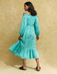 Blue Gingham Check Bardot Freya Midi Dress