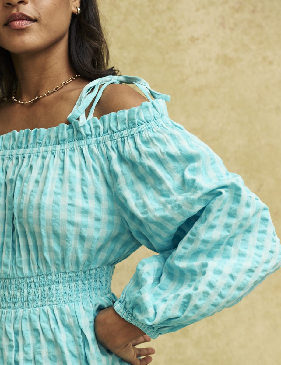 Blue Gingham Check Bardot Freya Midi Dress