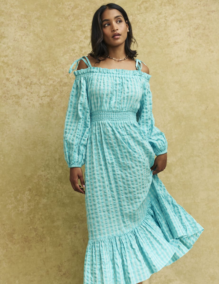 Blue Gingham Check Bardot Freya Midi Dress