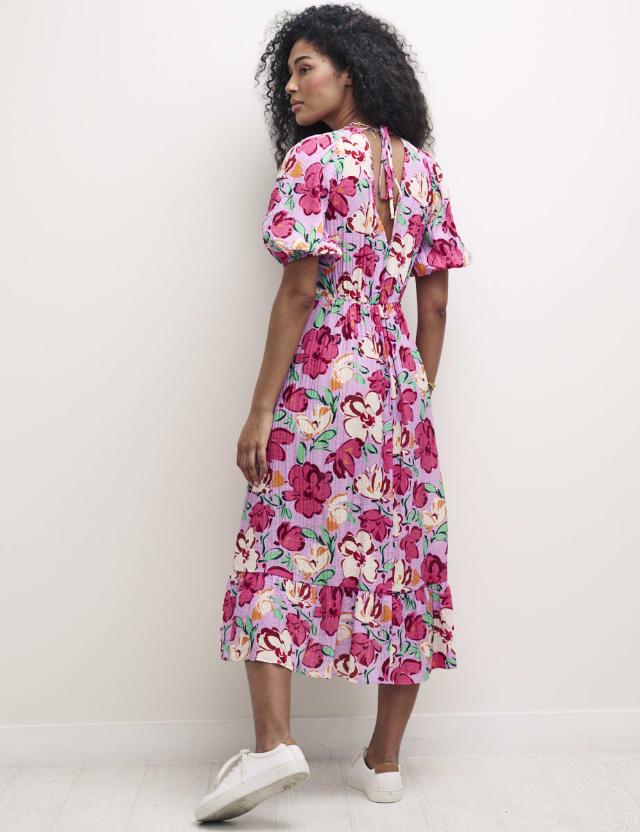Pink Floral V-Neck Puff Sleeve Amy Midi Dress