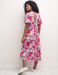 Pink Floral V-Neck Puff Sleeve Amy Midi Dress