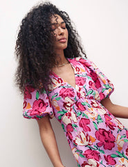 Pink Floral V-Neck Puff Sleeve Amy Midi Dress