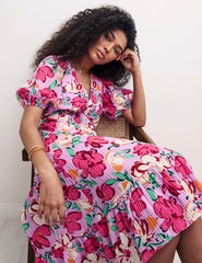Pink Floral V-Neck Puff Sleeve Amy Midi Dress