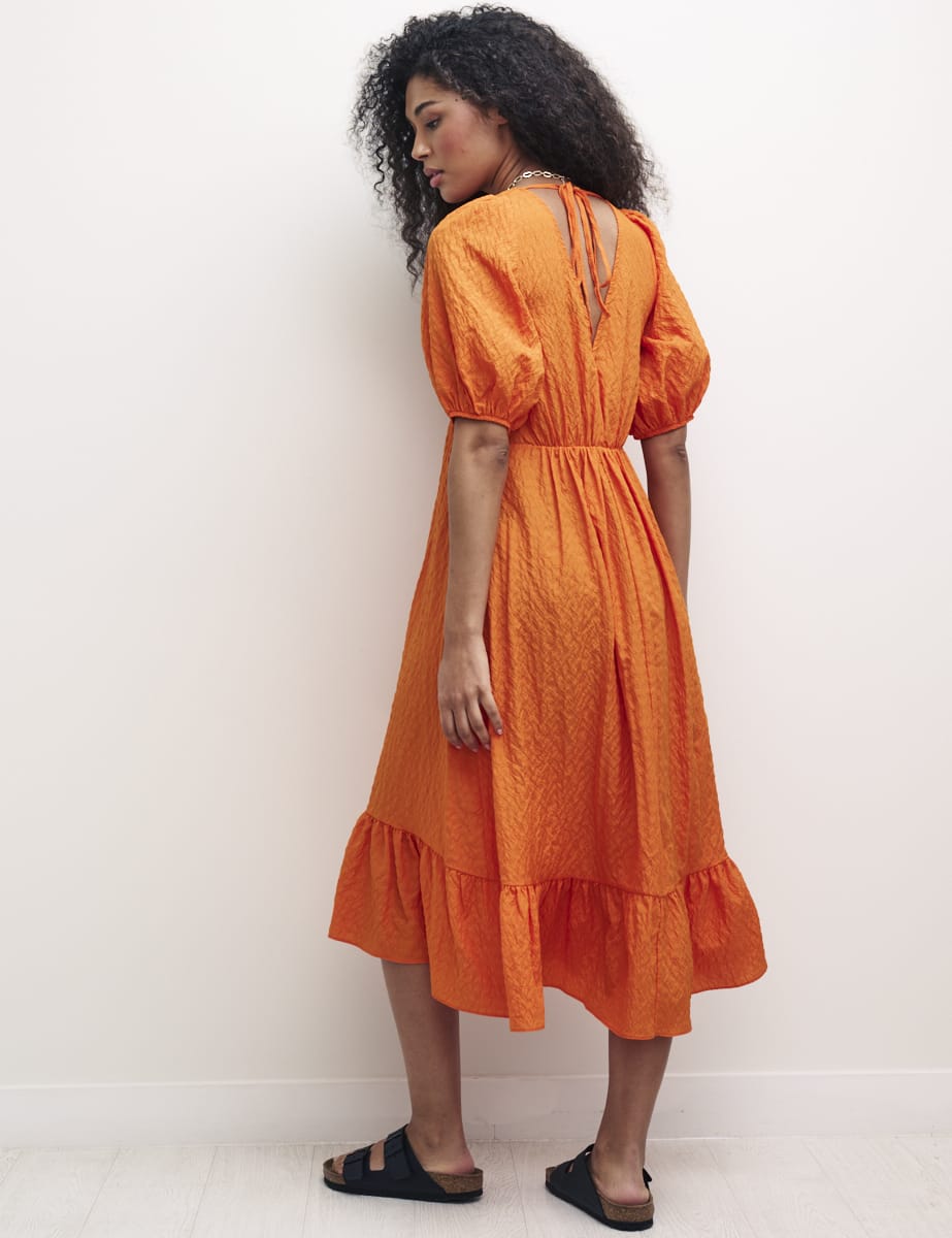 Orange V-Neck Puff Sleeve Amy Midi Dress