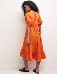 Orange V-Neck Puff Sleeve Amy Midi Dress