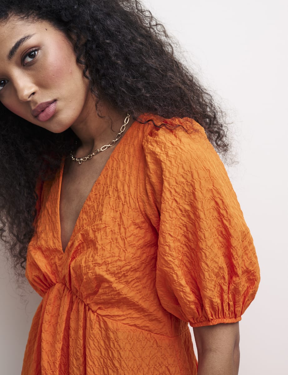 Orange V-Neck Puff Sleeve Amy Midi Dress