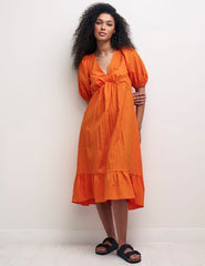 Orange V-Neck Puff Sleeve Amy Midi Dress