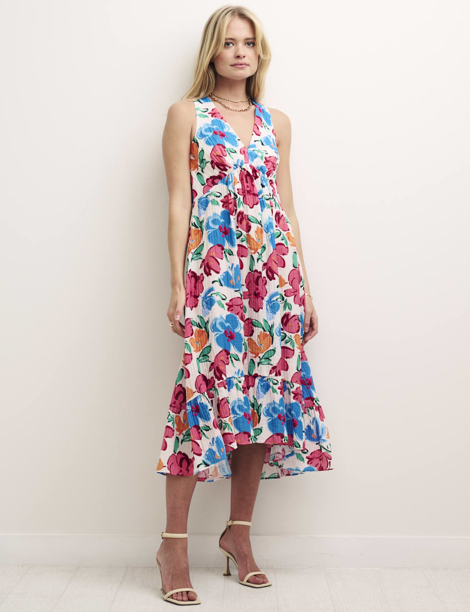 Big Floral V-Neck Sleeveless Smock Amy Midi Dress
