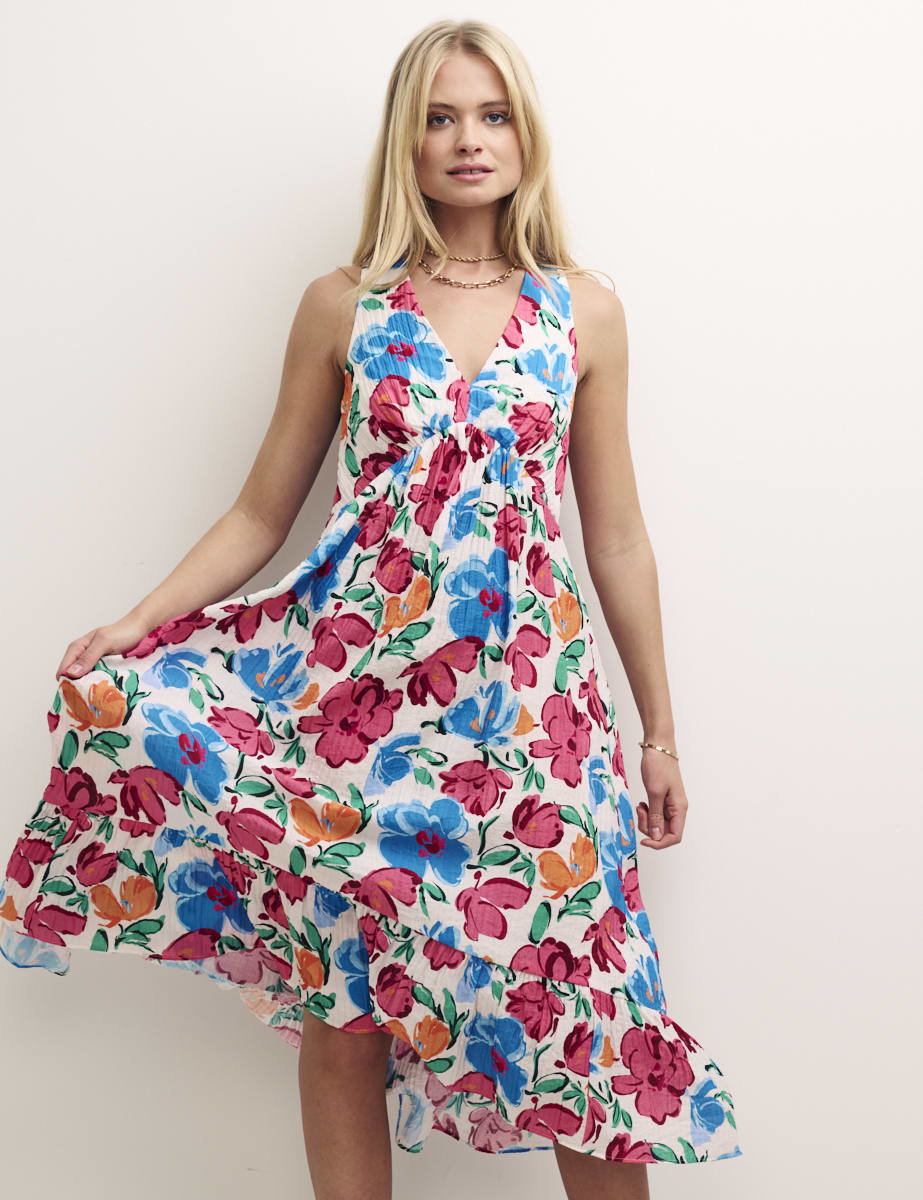 Big Floral V-Neck Sleeveless Smock Amy Midi Dress