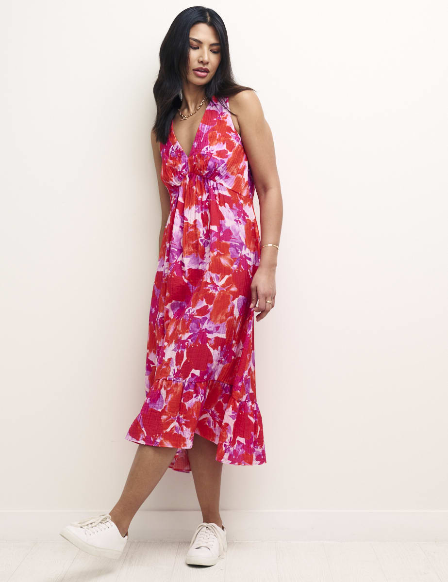 Brushstroke Floral V-Neck Amy Sleeveless Midi Dress