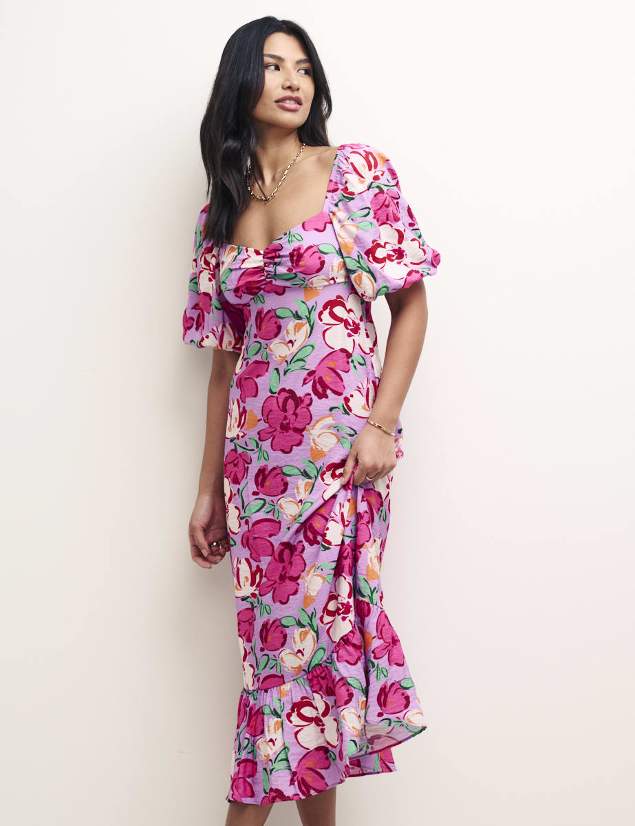Pink Floral Sweetheart Neck Darcie Midi Dress