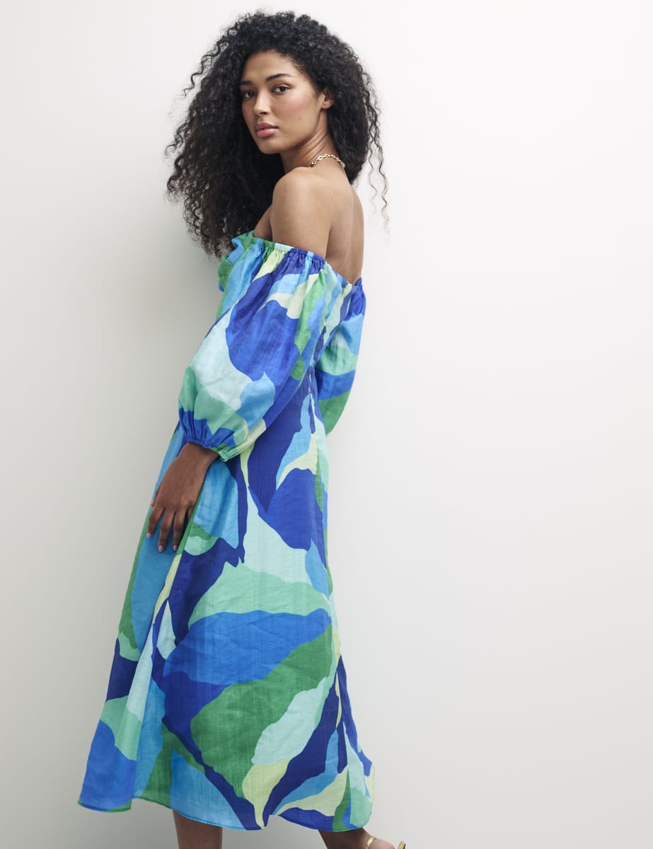 Blue Abstract Bardot Maxine Midi Dress