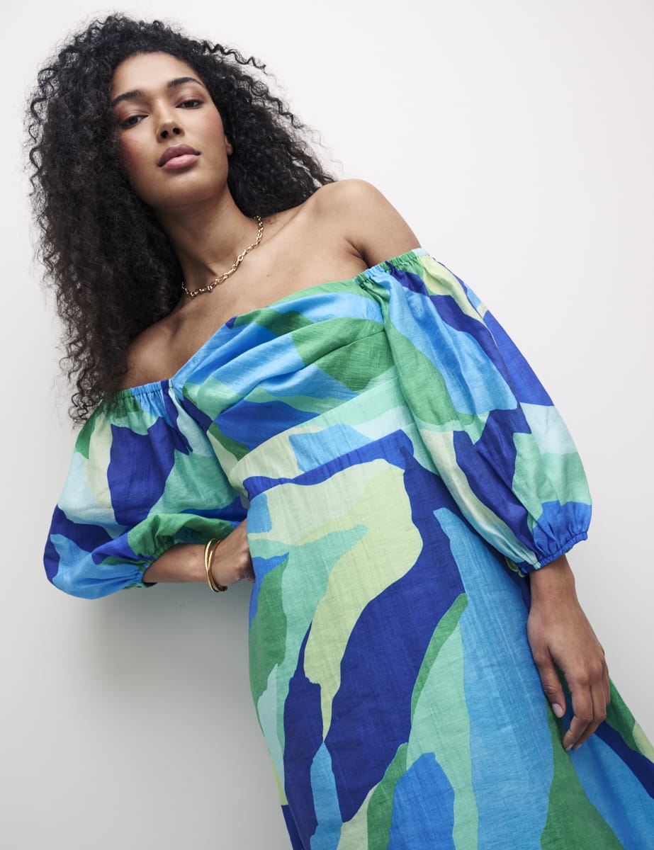 Blue Abstract Bardot Maxine Midi Dress