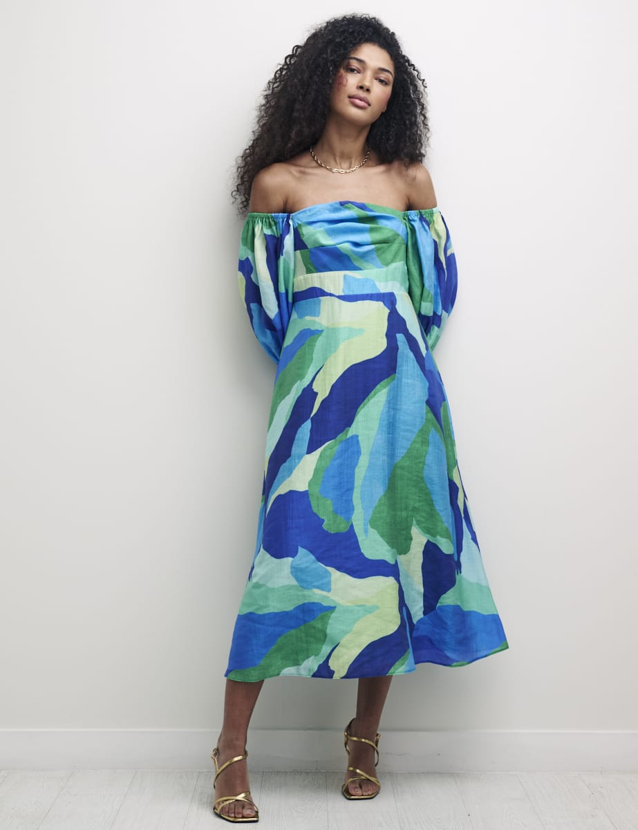 Blue Abstract Bardot Maxine Midi Dress