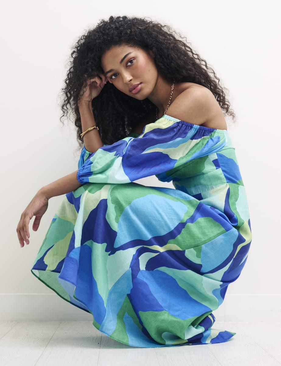 Blue Abstract Bardot Maxine Midi Dress