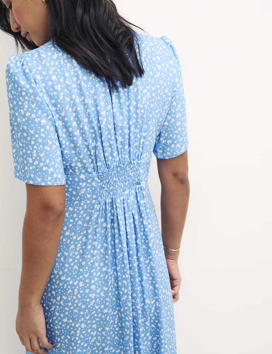 Blue Ditsy Floral Petite Alexa with Shirring Midi Dress
