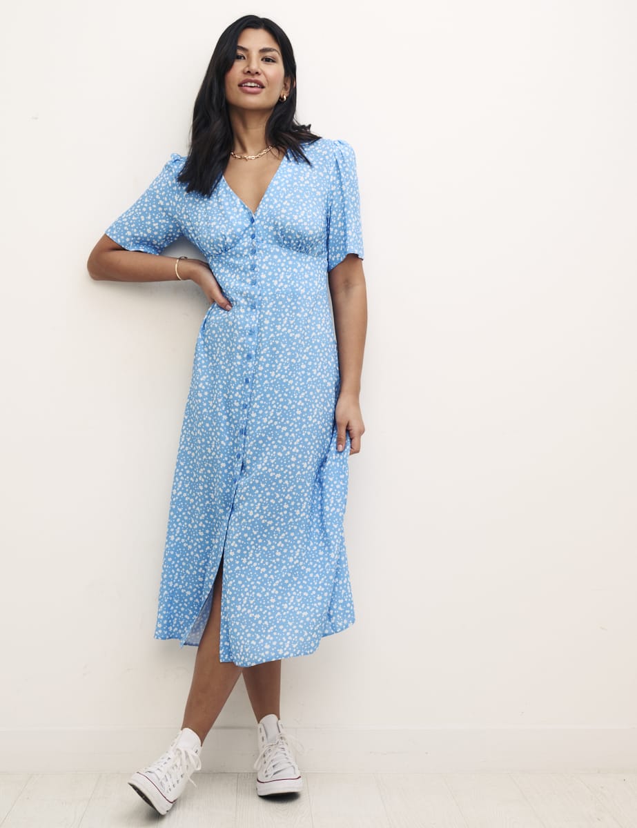Blue Ditsy Floral Petite Alexa with Shirring Midi Dress