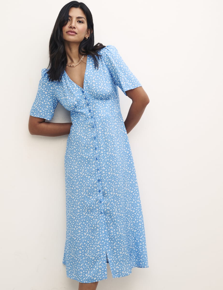 Blue Ditsy Floral Petite Alexa with Shirring Midi Dress