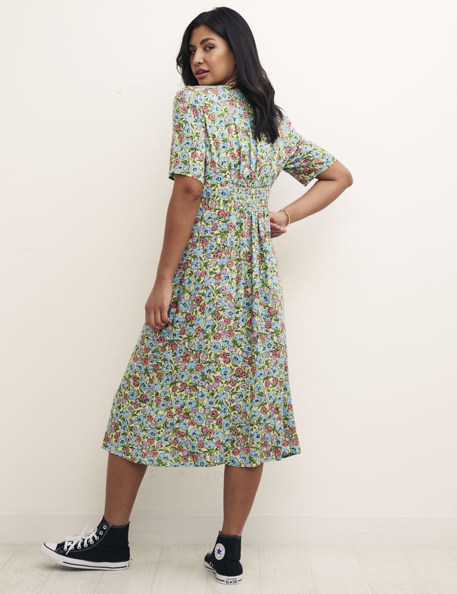 Green Floral Alexa Midi Dress with Shirring