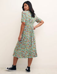 Green Floral Alexa Midi Dress with Shirring