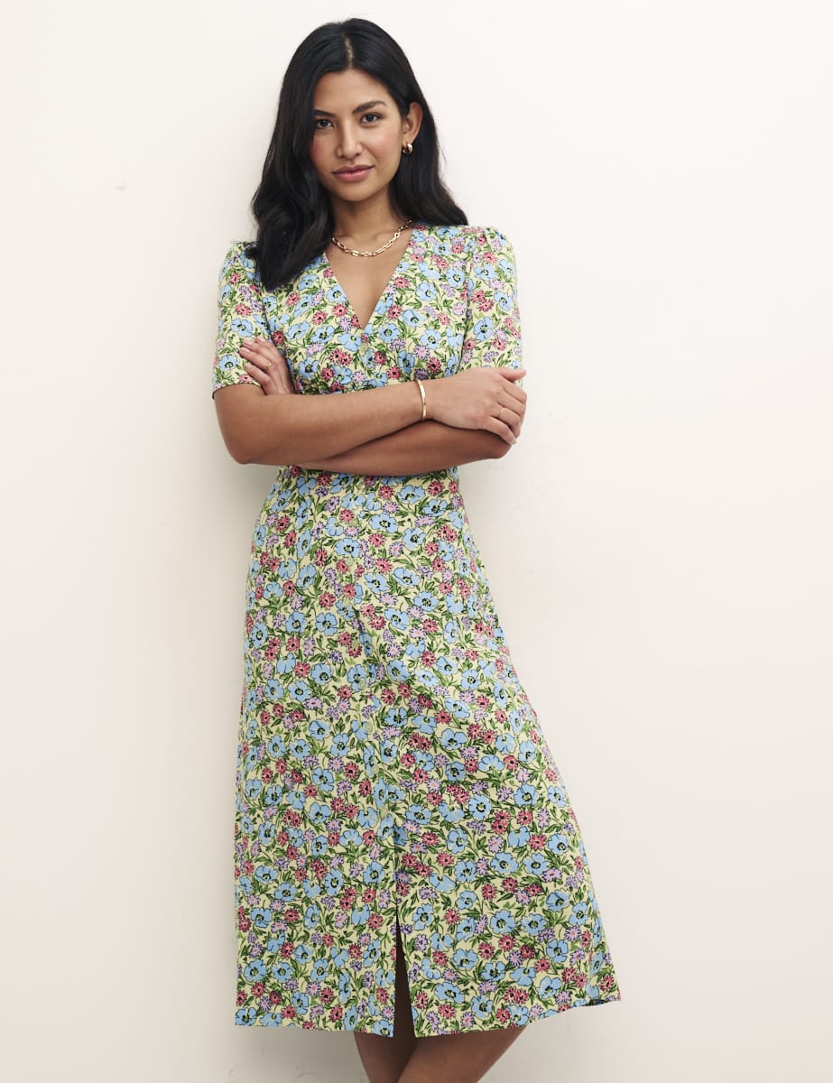 Green Floral Alexa Midi Dress with Shirring