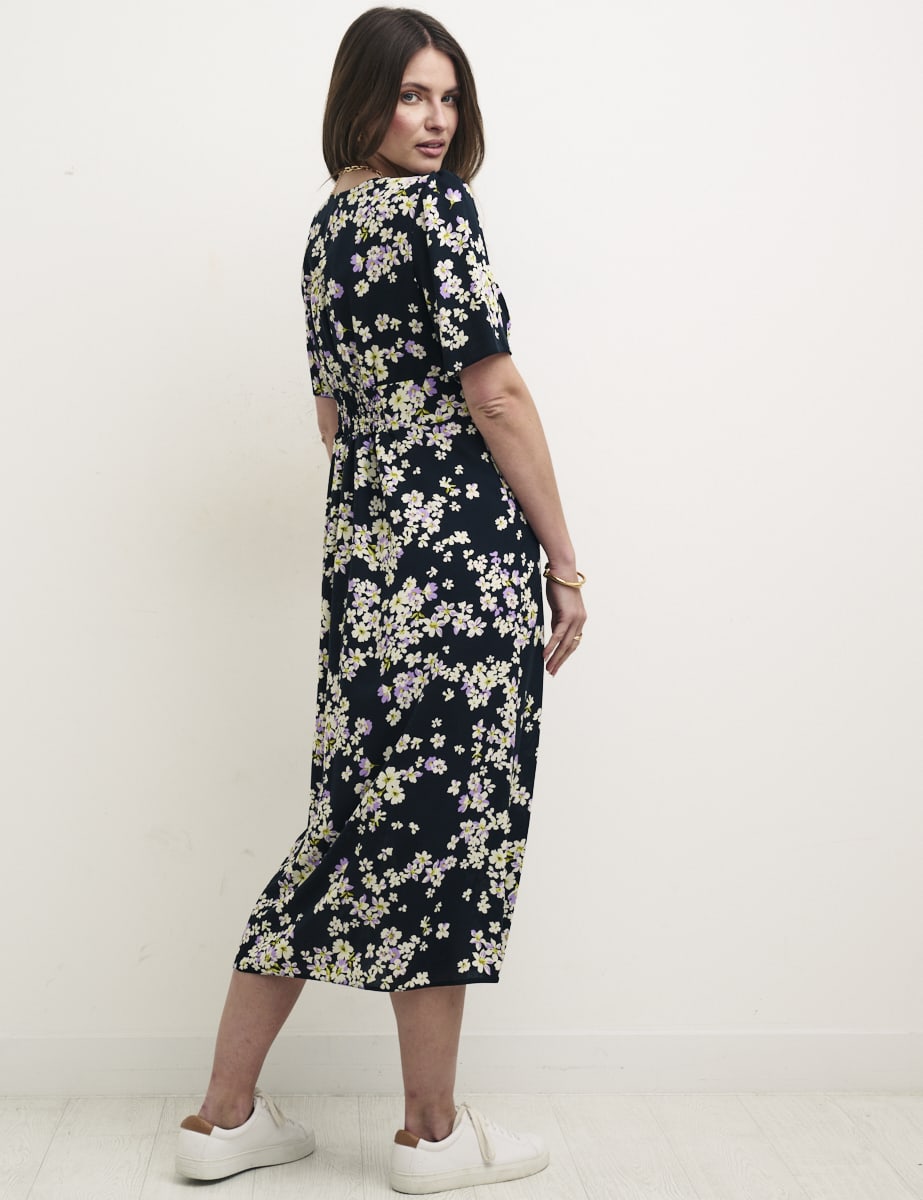 Black Floral Alexa Midi With Shirring Dress