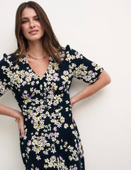 Black Floral Alexa Midi With Shirring Dress
