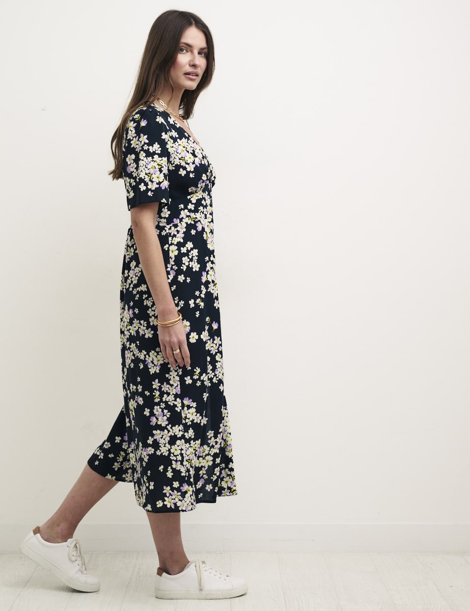 Black Floral Alexa Midi With Shirring Dress