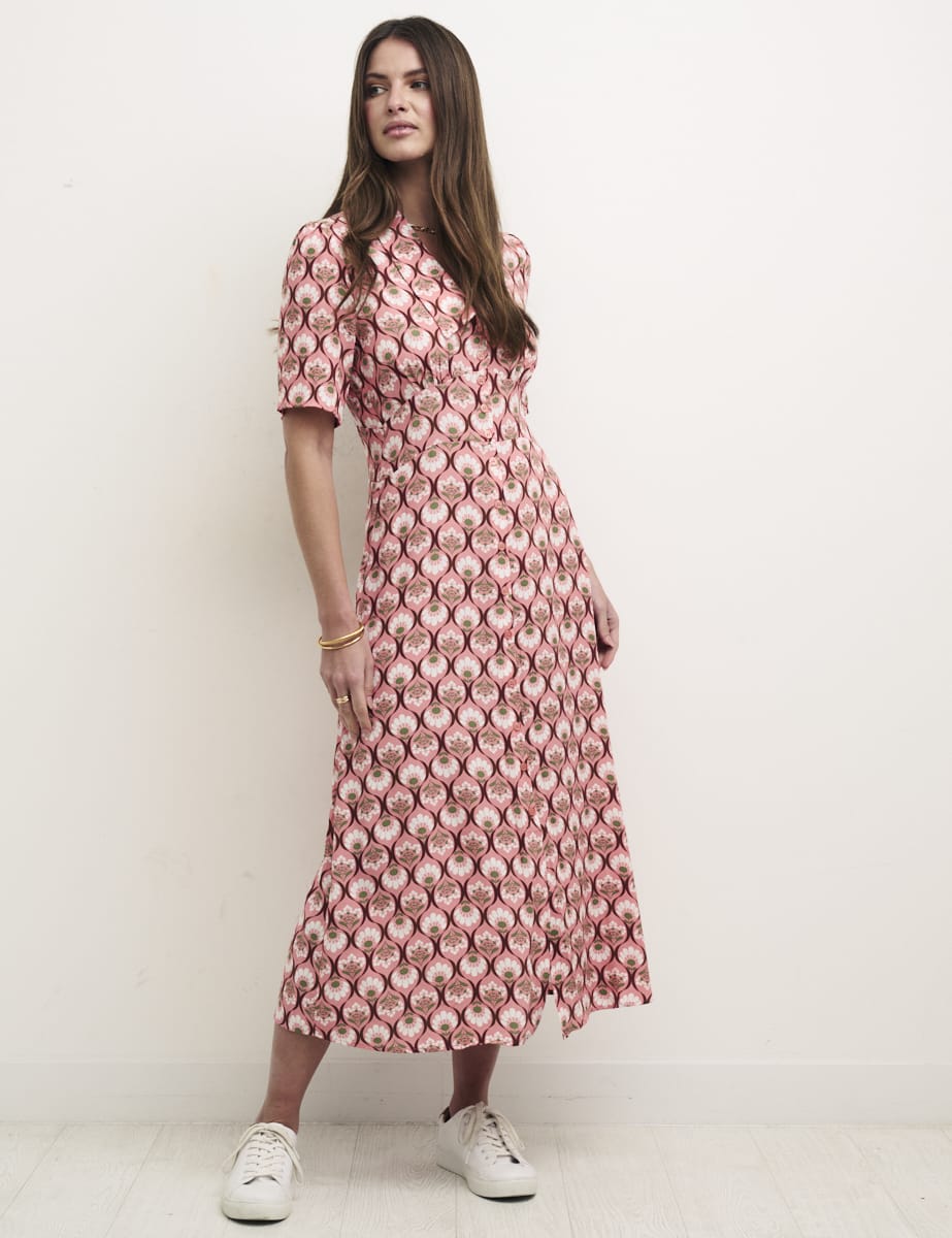 Pink Geo Floral Daisy Midi Dress