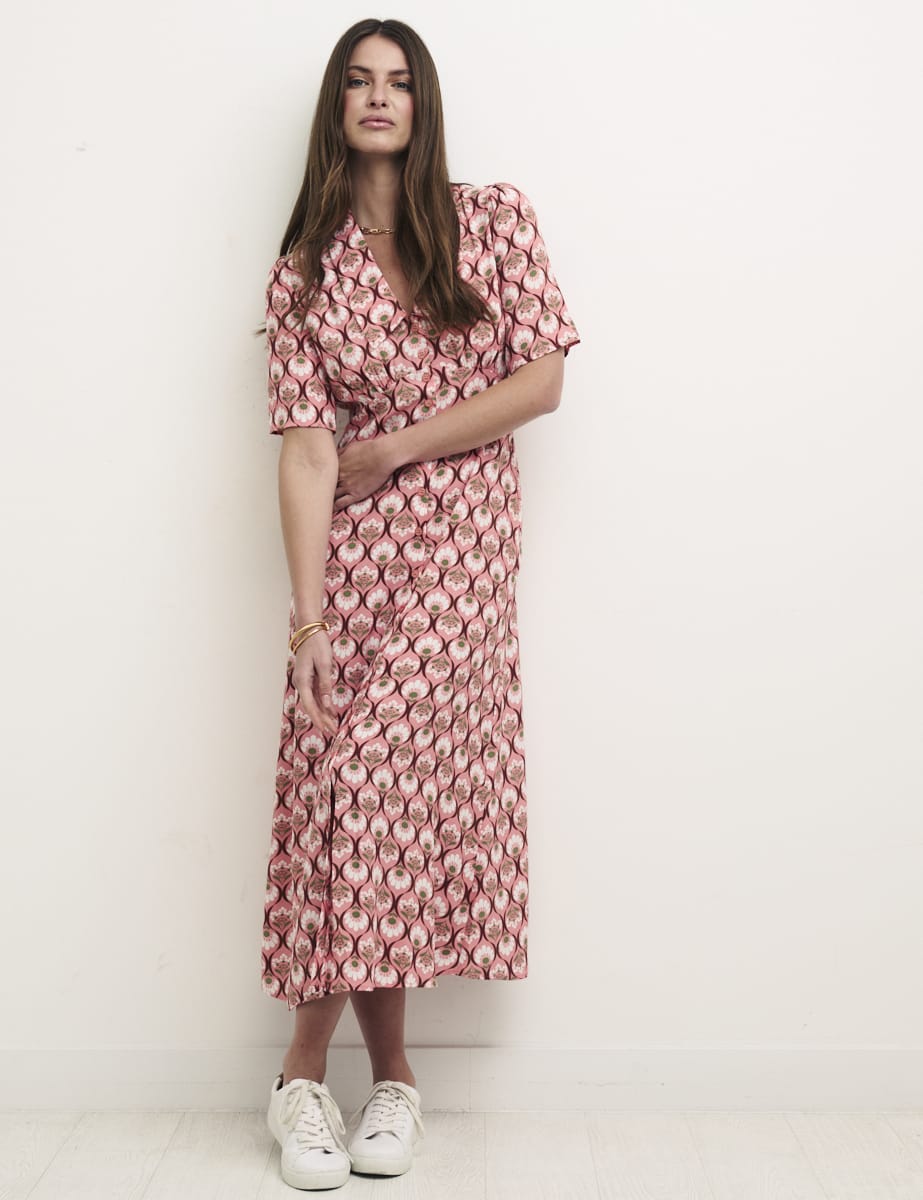 Pink Geo Floral Daisy Midi Dress