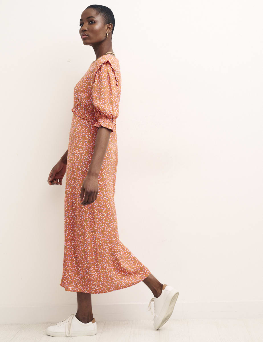 Orange floral Felicia Short Sleeve Midi Dress