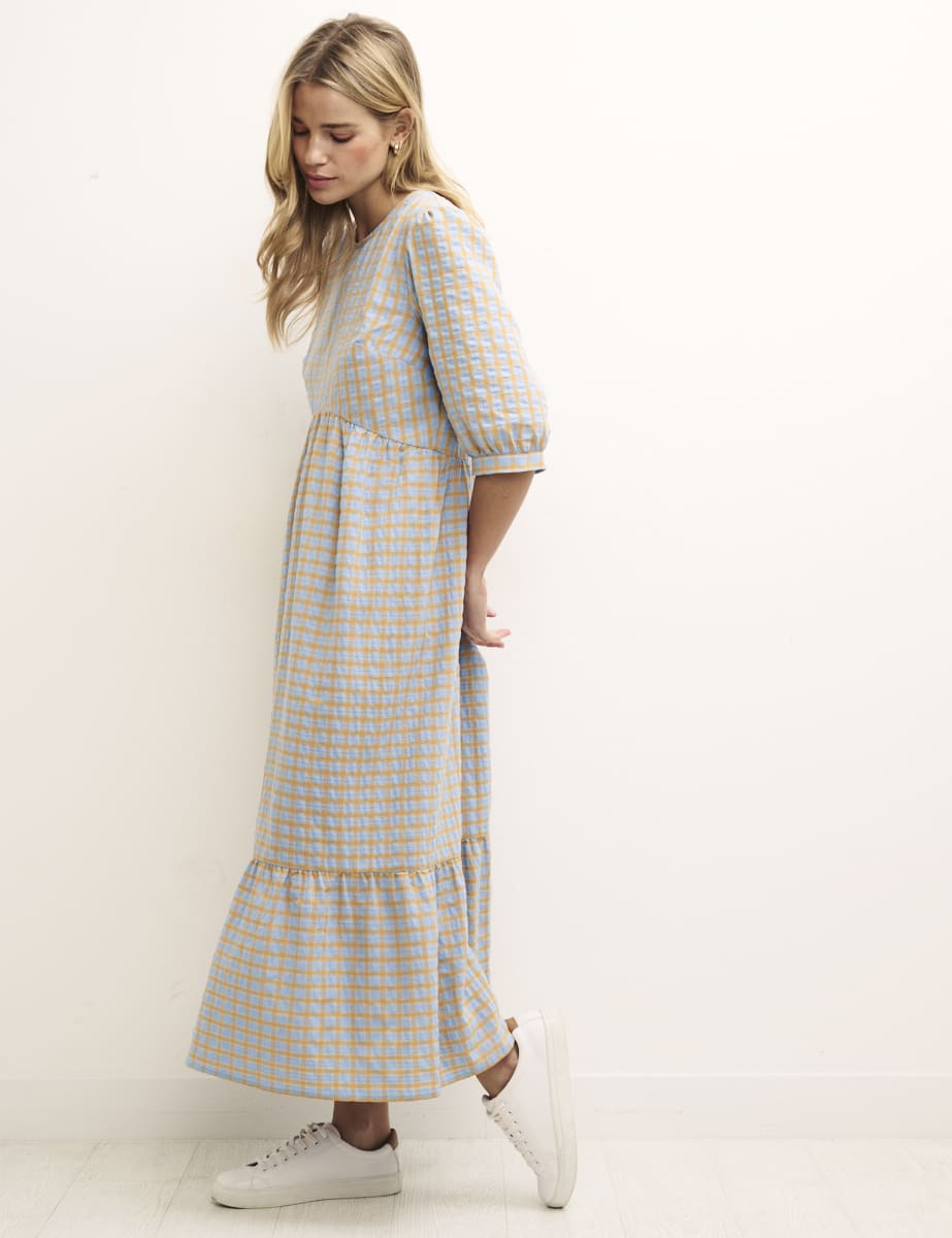 Petite Blue and Orange Check Rachel Midi Dress