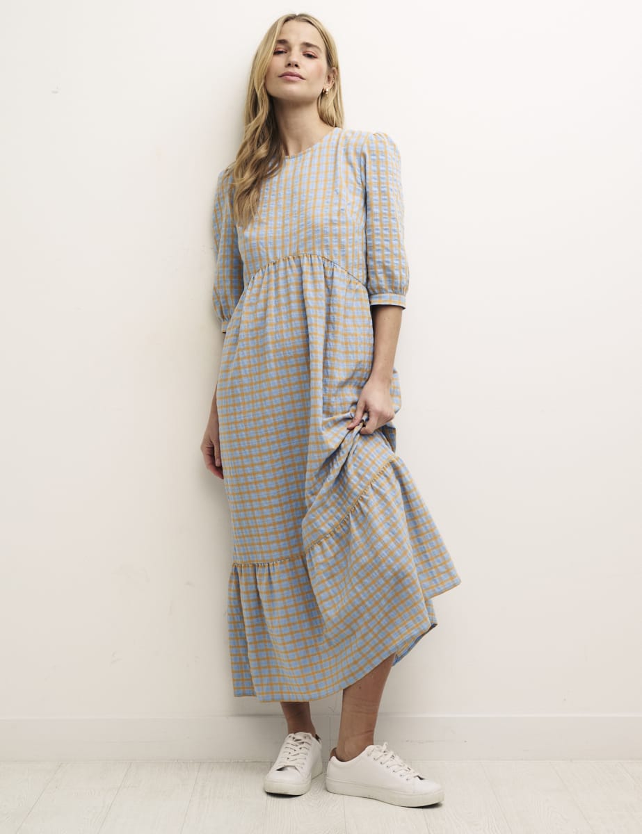 Petite Blue and Orange Check Rachel Midi Dress