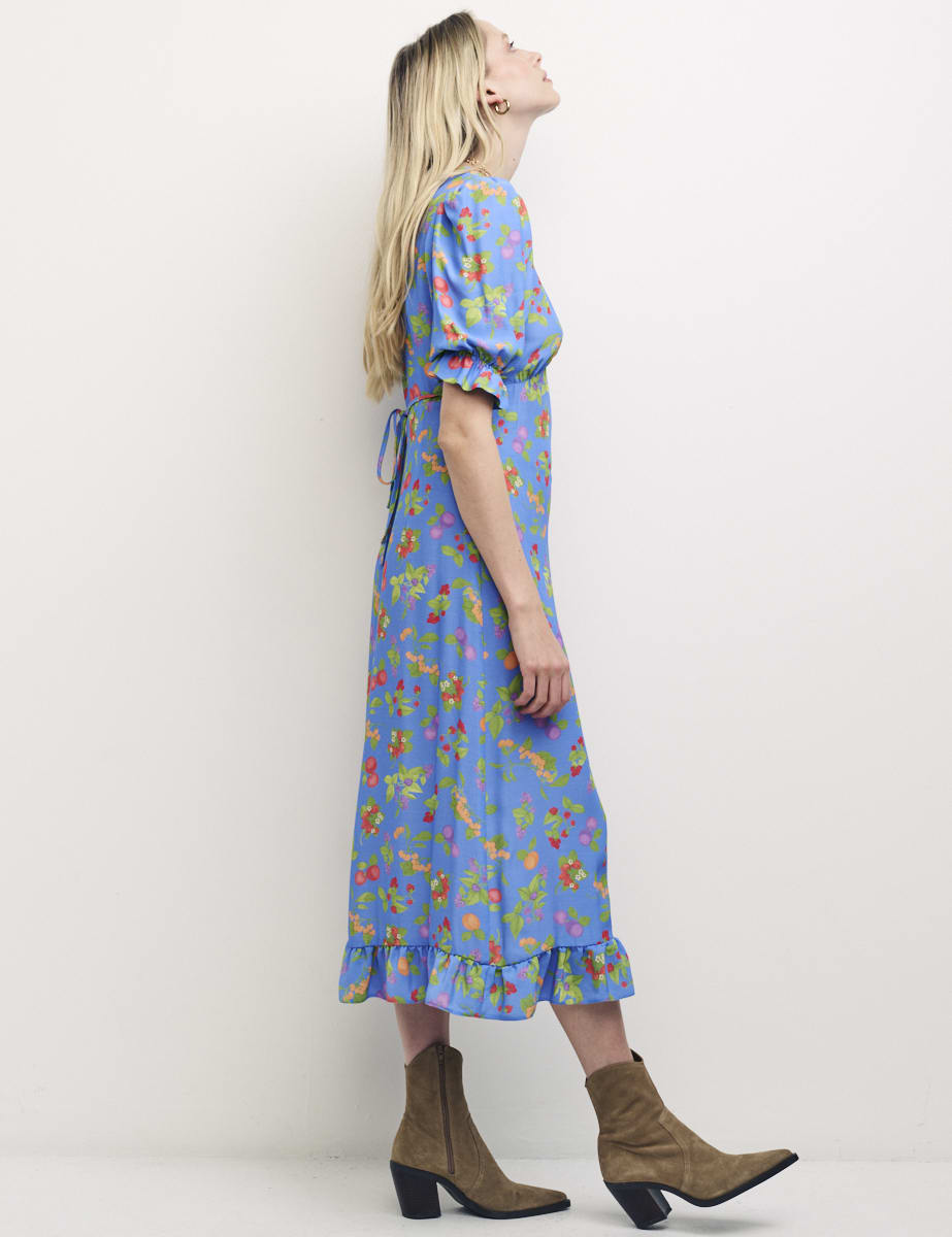 Blue Fruit Print Delilah Midi Dress