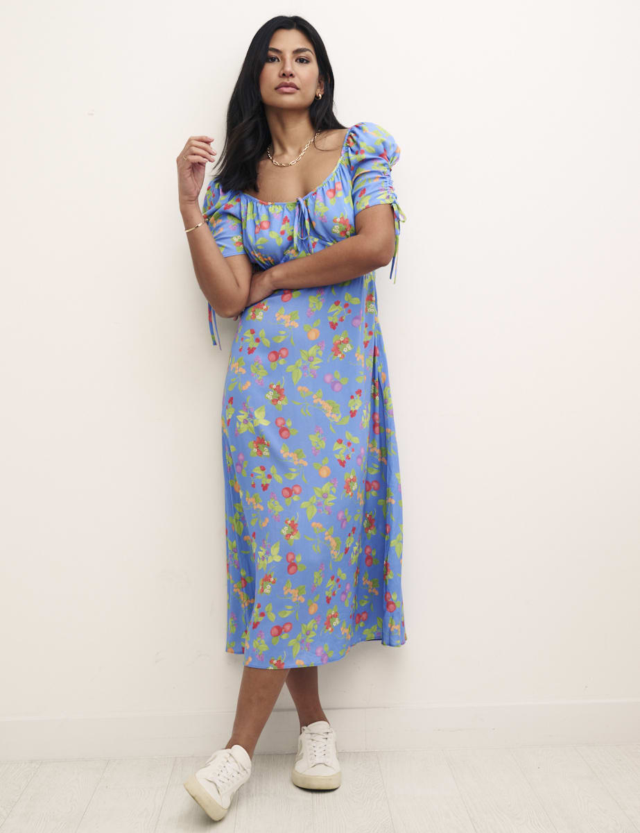 Blue Fruit Print Pippa Midi Dress