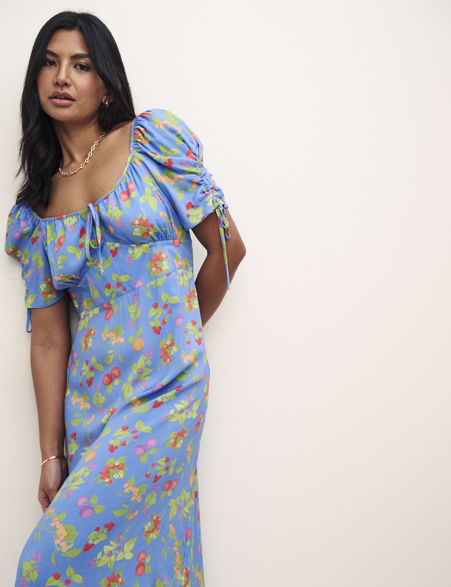 Blue Fruit Print Pippa Midi Dress