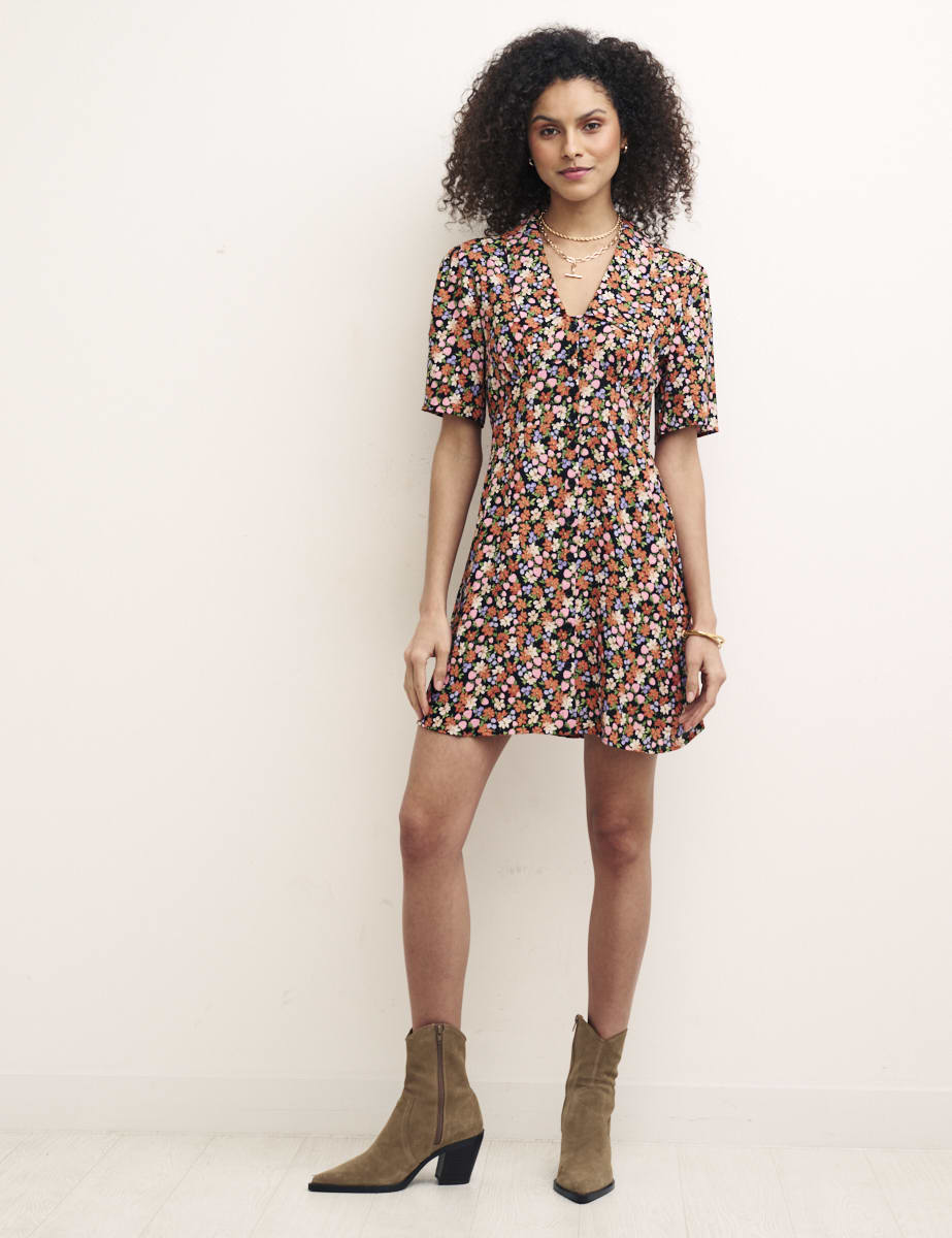 Black Ditsy Fruit Print Daisy Mini Dress