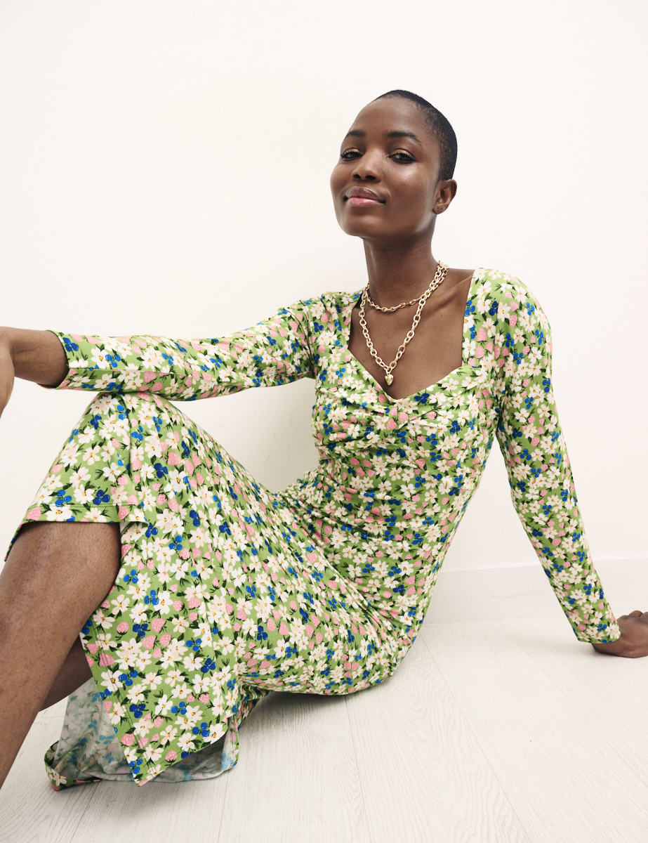 Green Floral Sweetheart Neck Marlow Midi Dress