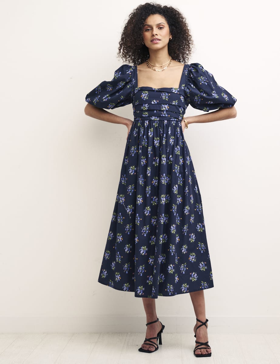 Navy Floral Nova Midi Smock Dress