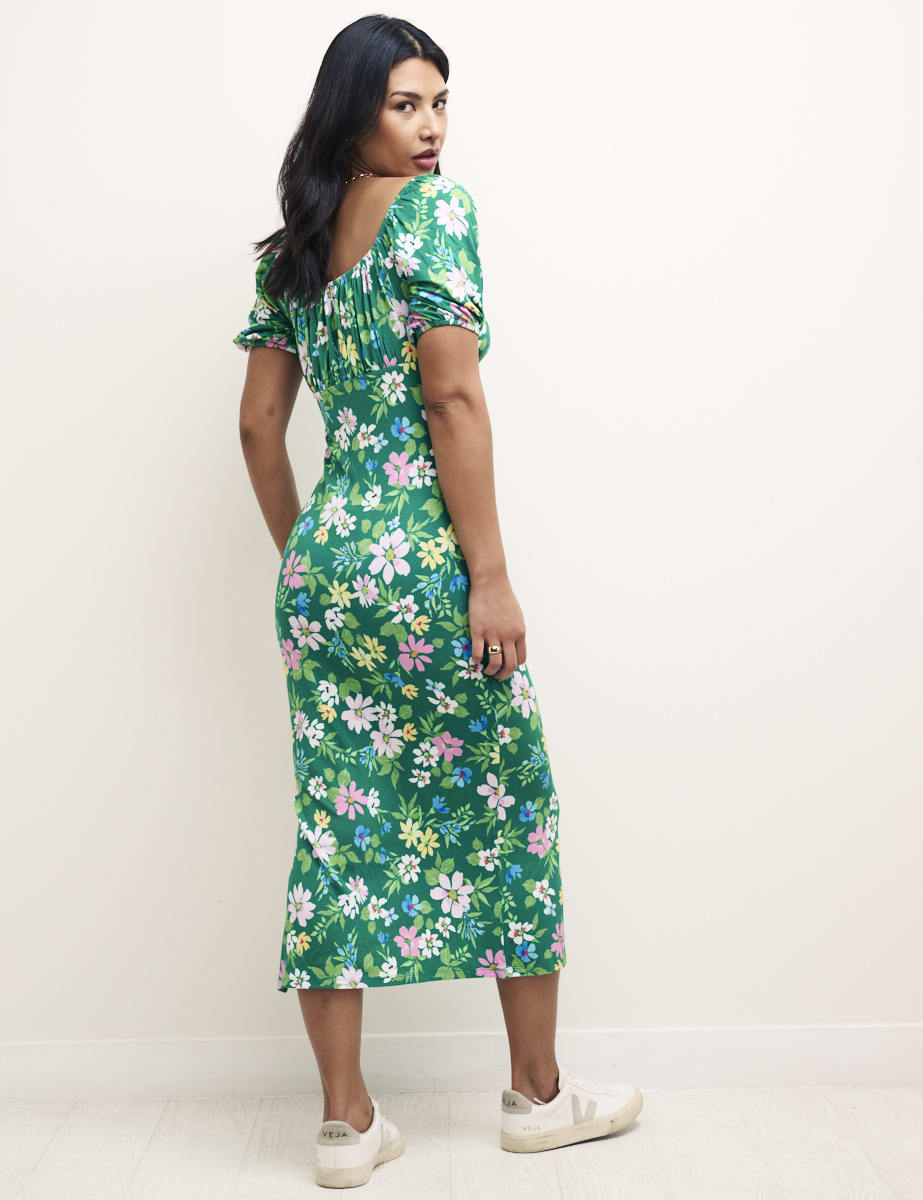 Green Floral Ruched Bodice Oregon Midi Dress