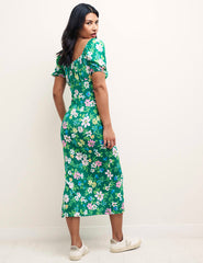 Green Floral Ruched Bodice Oregon Midi Dress