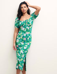 Green Floral Ruched Bodice Oregon Midi Dress