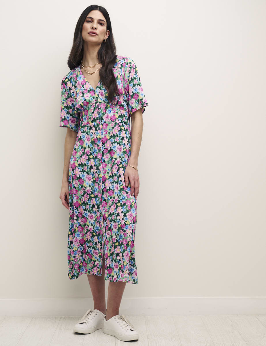 Watercolour Floral Alexa Midi with Shirring Tea Dress