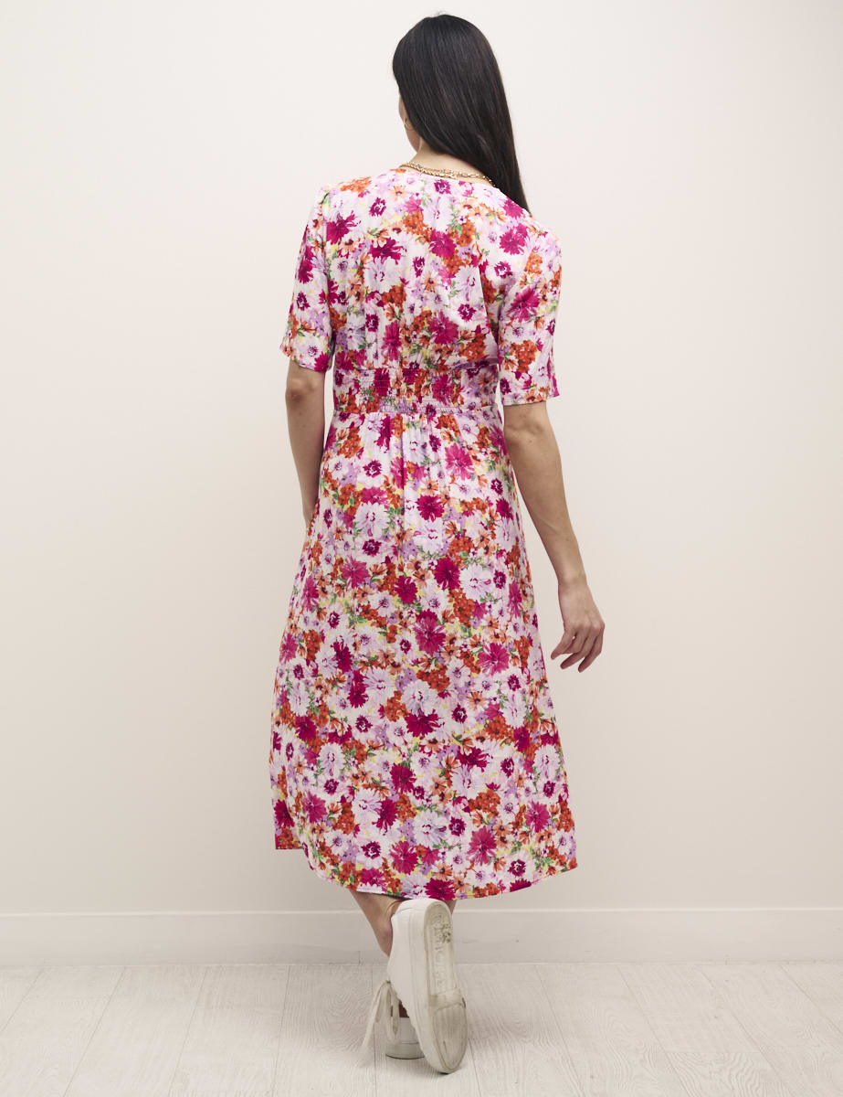 Petite Pink Floral Alexa Midi with Shirring Dress