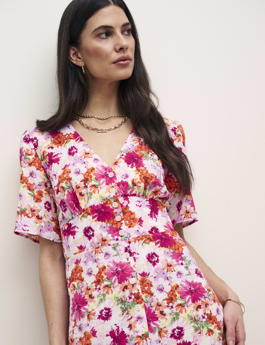 Petite Pink Floral Alexa Midi with Shirring Dress